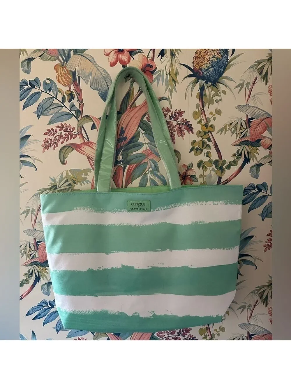 Clinique x Drawbertson Shoulder Tote & Cosmetic Bag Mint Green/White Stripe New